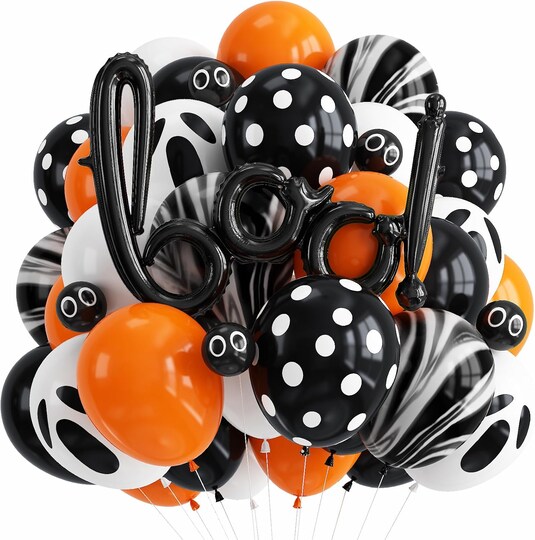 Greentek; Halloween Birthday Balloons with BOO Foil Balloon, 42 Pcs Black Orange Halloween Balloons with Ghost, Eyeball and Dot Prints, Latex Balloon Set with Ribbon for Spooky Party Decorations, Balloon Garland; Category:Foil Balloons; Image:1